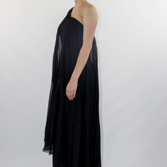 Black Long Gown Dress Draped One Shoulder Batwing Small Med New 458$ - Picture 4 of 5
